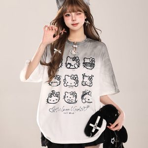 Cute Hello Kitty Cat Short-Sleeve T-Shirt for Women, Casual Summer 2025 Loose Fit, Trendy American Style