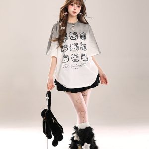 Cute Hello Kitty Cat Short-Sleeve T-Shirt for Women, Casual Summer 2025 Loose Fit, Trendy American Style