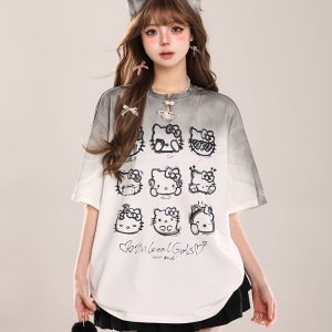 Cute Hello Kitty Cat Short-Sleeve T-Shirt for Women, Casual Summer 2025 Loose Fit, Trendy American Style