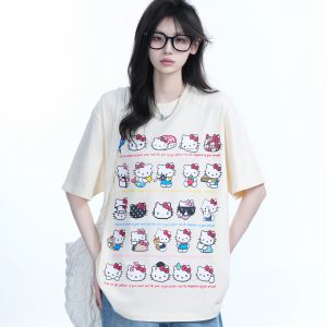 Cute Kitty Cat Graphic Black Short Sleeve T-Shirt for Women - Summer Heavy Loose Fit, Casual Style, Perfect for Y2K Fashion