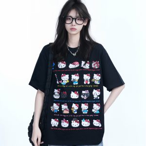 Cute Kitty Cat Graphic Black Short Sleeve T-Shirt for Women - Summer Heavy Loose Fit, Casual Style, Perfect for Y2K Fashion