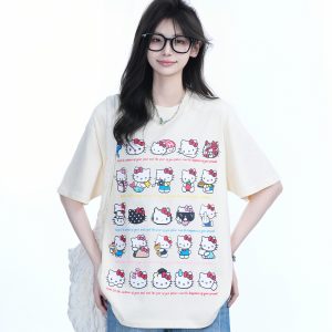 Cute Kitty Cat Graphic Black Short Sleeve T-Shirt for Women - Summer Heavy Loose Fit, Casual Style, Perfect for Y2K Fashion