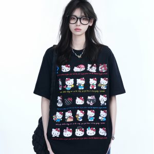Cute Kitty Cat Graphic Black Short Sleeve T-Shirt for Women - Summer Heavy Loose Fit, Casual Style, Perfect for Y2K Fashion