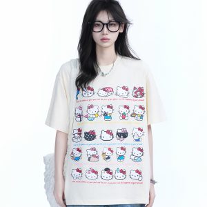 Cute Kitty Cat Graphic Black Short Sleeve T-Shirt for Women - Summer Heavy Loose Fit, Casual Style, Perfect for Y2K Fashion
