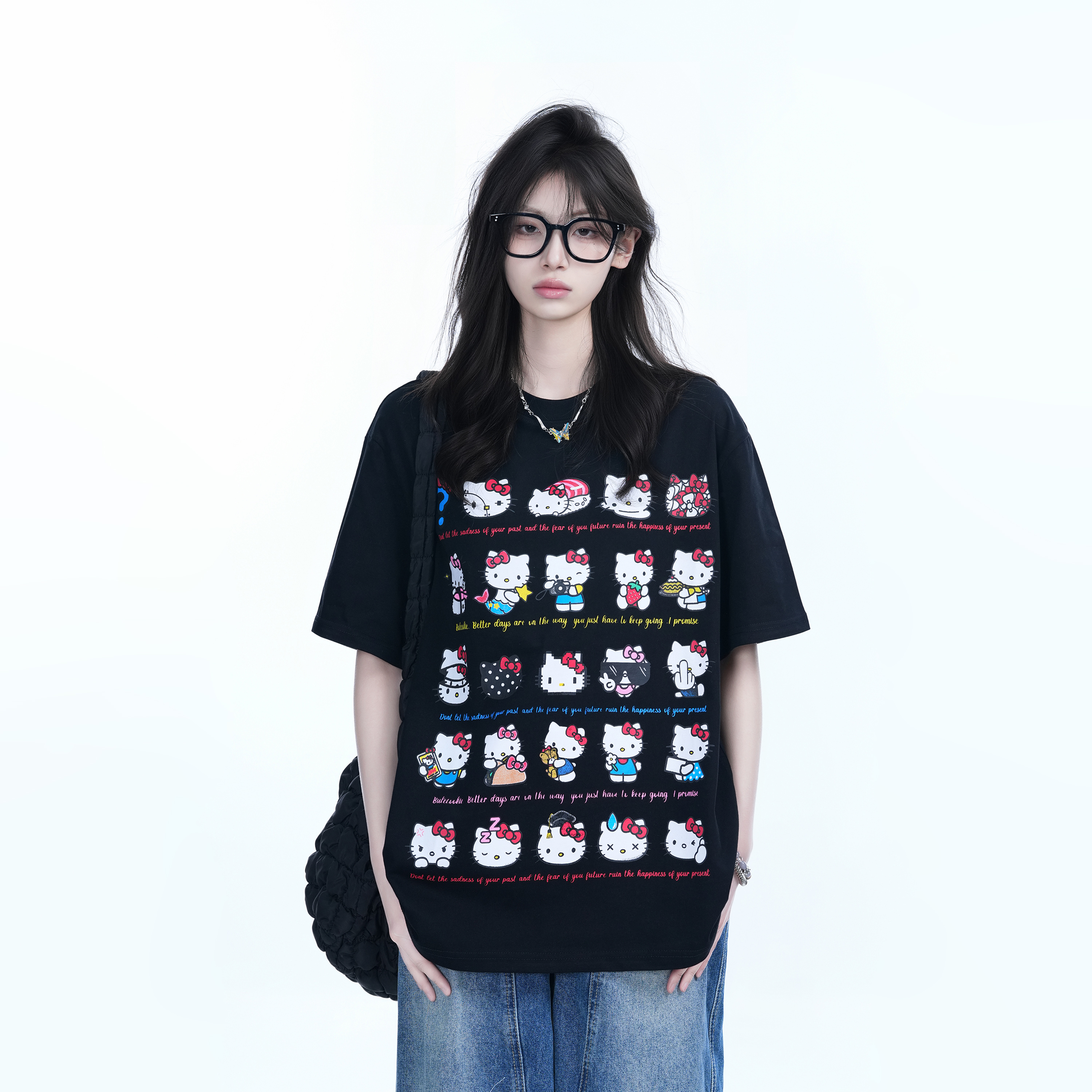 Cute Kitty Cat Graphic Black Short Sleeve T-Shirt for Women - Summer Heavy Loose Fit, Casual Style, Perfect for Y2K Fashion