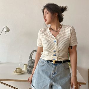Cute Plus Size Knitted Cardigan - Fresh Design Button Short Sleeve Top for Slimming Style