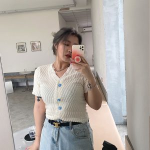 Cute Plus Size Knitted Cardigan - Fresh Design Button Short Sleeve Top for Slimming Style