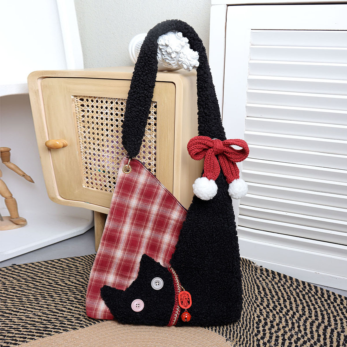 Cute Plush Cat Tote Bag - Red Series New Year Birthstone Lucky Shoulder Crossbody Bag for Y2K and Korean Style Fashion