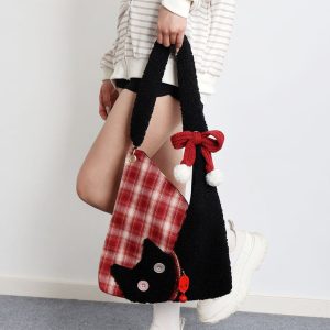 Cute Plush Cat Tote Bag - Red Series New Year Birthstone Lucky Shoulder Crossbody Bag for Y2K and Korean Style Fashion