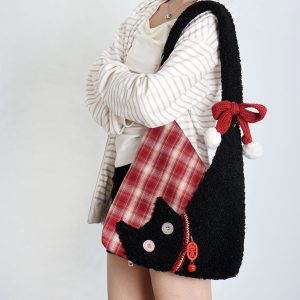 Cute Plush Cat Tote Bag - Red Series New Year Birthstone Lucky Shoulder Crossbody Bag for Y2K and Korean Style Fashion