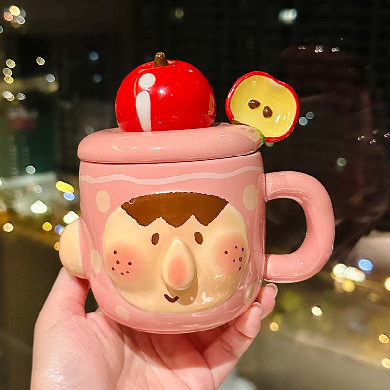 Cute Quirky Apple Ceramic Mug with Lid and Spoon – Fun Water Cup for Girls, Perfect Birthday Gift, High-Value Design