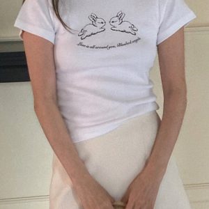 Cute Rabbit Print Slim Fit Short Sleeve Cotton T-Shirt for Women - Korean Niche Design, Heavyweight Fabric, Trendy Style