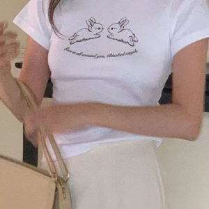 Cute Rabbit Print Slim Fit Short Sleeve Cotton T-Shirt for Women - Korean Niche Design, Heavyweight Fabric, Trendy Style