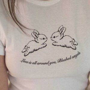 Cute Rabbit Print Slim Fit Short Sleeve Cotton T-Shirt for Women - Korean Niche Design, Heavyweight Fabric, Trendy Style