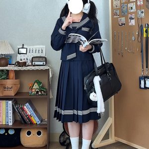 Dark Blue Japanese Style Long Sleeve JK Uniform Set for Women - Pudding Bear Pudding Bear Inspired Spring Fashion
