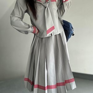 Dark Blue Japanese Style Long Sleeve JK Uniform Set for Women - Pudding Bear Pudding Bear Inspired Spring Fashion