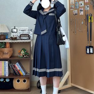 Dark Blue Japanese Style Long Sleeve JK Uniform Set for Women - Pudding Bear Pudding Bear Inspired Spring Fashion