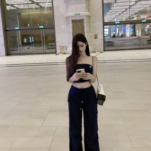 Dark Blue Low-Waist Cargo Pants for Women - Loose Fit, Slimming Casual Floor-Length Style, Perfect for Y2K and Everyday Wear