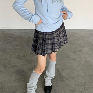 Dark Blue Plaid Pleated Skirt for Autumn & Winter - Mid-Low Waist, Lined, Punk Style, Niche Fashion, Trendy Layering Piece