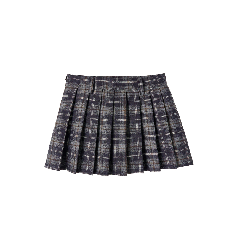 Dark Blue Plaid Pleated Skirt for Autumn & Winter - Mid-Low Waist, Lined, Punk Style, Niche Fashion, Trendy Layering Piece