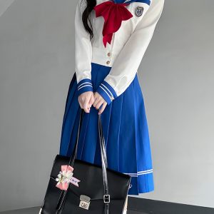 Dark Blue Sailor Suit Set - Japanese JK Uniform with Pudding Bear Design, College Style Long Skirt, Summer Fashion