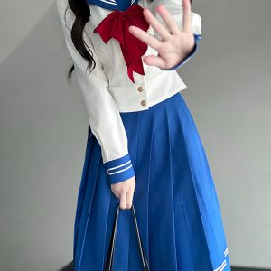 Dark Blue Sailor Suit Set - Japanese JK Uniform with Pudding Bear Design, College Style Long Skirt, Summer Fashion