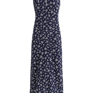 Dark Blue Spaghetti Strap Tea-Length Dress - French Style Vacation Dress for Women, Summer 2025 Fashion