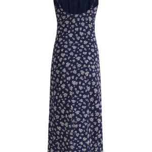 Dark Blue Spaghetti Strap Tea-Length Dress - French Style Vacation Dress for Women, Summer 2025 Fashion