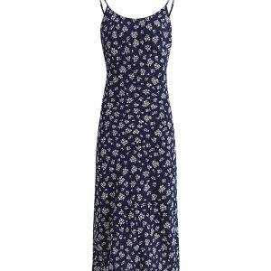Dark Blue Spaghetti Strap Tea-Length Dress - French Style Vacation Dress for Women, Summer 2025 Fashion