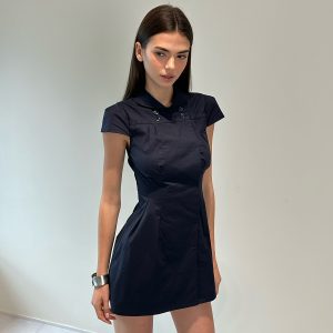 Dark Blue Waist-Cinching Dress with Small Lapel - High-Level Girlish Charm, Mystical Fashion Inspired, Y2K Style