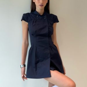 Dark Blue Waist-Cinching Dress with Small Lapel - High-Level Girlish Charm, Mystical Fashion Inspired, Y2K Style