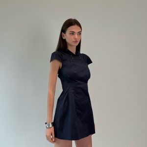 Dark Blue Waist-Cinching Dress with Small Lapel - High-Level Girlish Charm, Mystical Fashion Inspired, Y2K Style