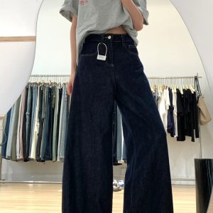 Dark Blue Wide-Leg Jeans for Plus-Size Women - 2025 Loose Fit, Flattering Casual Pants, Relaxed Style