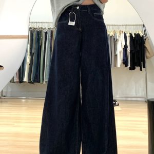 Dark Blue Wide-Leg Jeans for Plus-Size Women - 2025 Loose Fit, Flattering Casual Pants, Relaxed Style