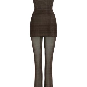 Dark Brown Plaid Vintage Fitted Strapless Jumpsuit - 90s Inspired Fashion Statement Piece