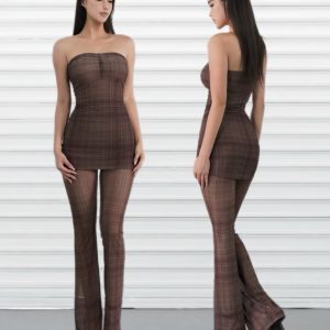 Dark Brown Plaid Vintage Fitted Strapless Jumpsuit - 90s Inspired Fashion Statement Piece