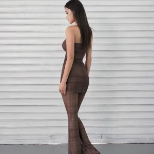 Dark Brown Plaid Vintage Fitted Strapless Jumpsuit - 90s Inspired Fashion Statement Piece
