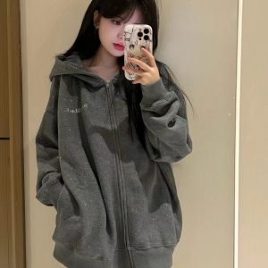 Dark Gray Glitter Hooded Zip-Up Sweatshirt for Women - Trendy Autumn Winter 2024 Jacket in Stylish Lazy Streetwear