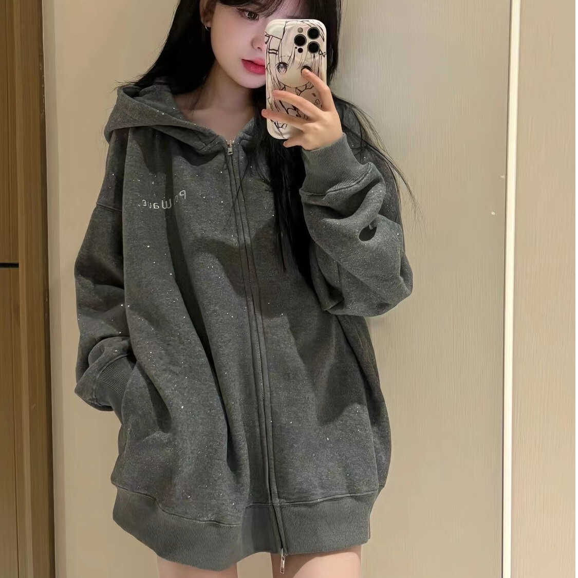 Dark Gray Glitter Hooded Zip-Up Sweatshirt for Women - Trendy Autumn Winter 2024 Jacket in Stylish Lazy Streetwear