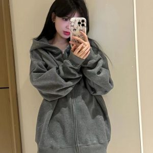 Dark Gray Glitter Hooded Zip-Up Sweatshirt for Women - Trendy Autumn Winter 2024 Jacket in Stylish Lazy Streetwear