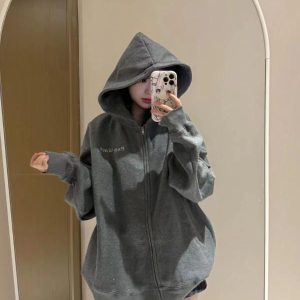 Dark Gray Glitter Hooded Zip-Up Sweatshirt for Women - Trendy Autumn Winter 2024 Jacket in Stylish Lazy Streetwear