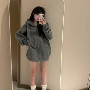 Dark Gray Glitter Hooded Zip-Up Sweatshirt for Women - Trendy Autumn Winter 2024 Jacket in Stylish Lazy Streetwear