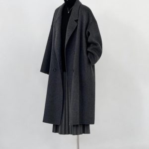 Dark Gray Reversible Cashmere Coat for Women - 2024 Autumn Winter Loose Fit Petite High-End Casual Wool Outerwear