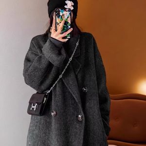 Dark Gray Reversible Cashmere Coat for Women - 2024 Autumn Winter Loose Fit Petite High-End Casual Wool Outerwear