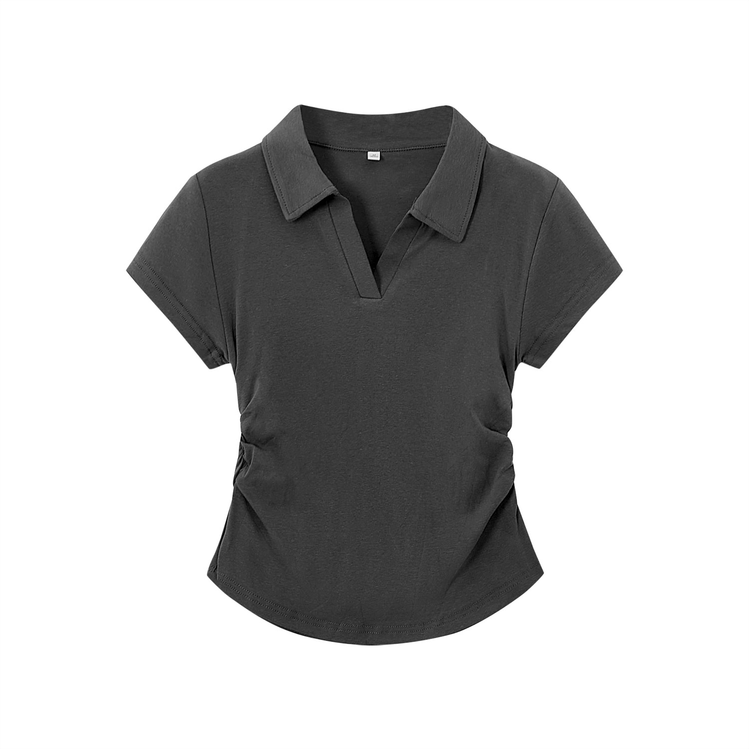 Dark Gray Women's Short Sleeve Polo Collar T-Shirt with Gathered Waist and Irregular Hem - Summer Essential, Trendy Casual Wear
