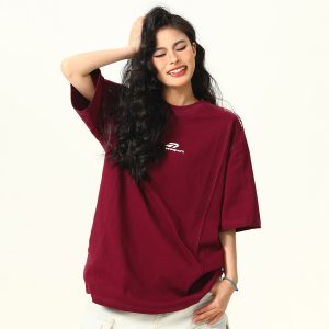 Dark Red Heavyweight Cotton Short-Sleeve T-Shirt for Women with Retro Letter Print – Stylish American 90s Vintage Look