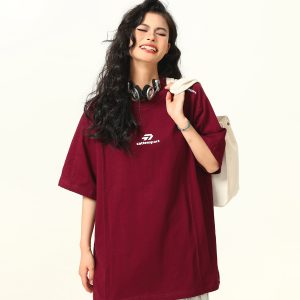 Dark Red Heavyweight Cotton Short-Sleeve T-Shirt for Women with Retro Letter Print – Stylish American 90s Vintage Look