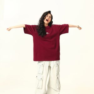 Dark Red Heavyweight Cotton Short-Sleeve T-Shirt for Women with Retro Letter Print – Stylish American 90s Vintage Look