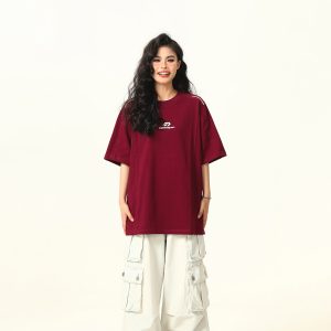 Dark Red Heavyweight Cotton Short-Sleeve T-Shirt for Women with Retro Letter Print – Stylish American 90s Vintage Look