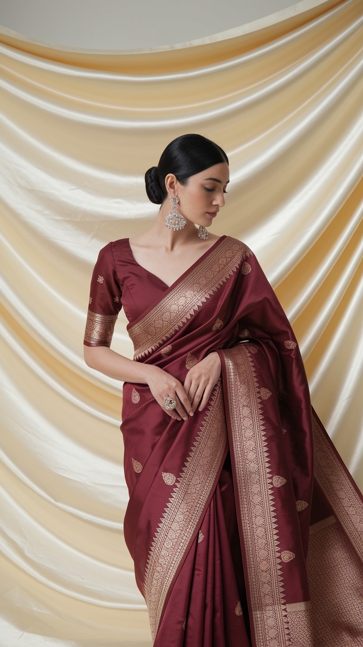 The Allure of the Dark Red Saree for Evening Wear outfit idea